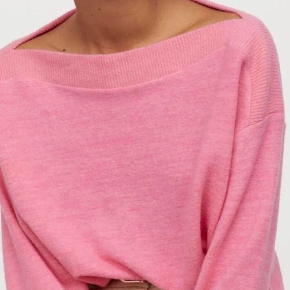 H&M Pink Melange Boat Neck Ribbed Trim Crew Sweater